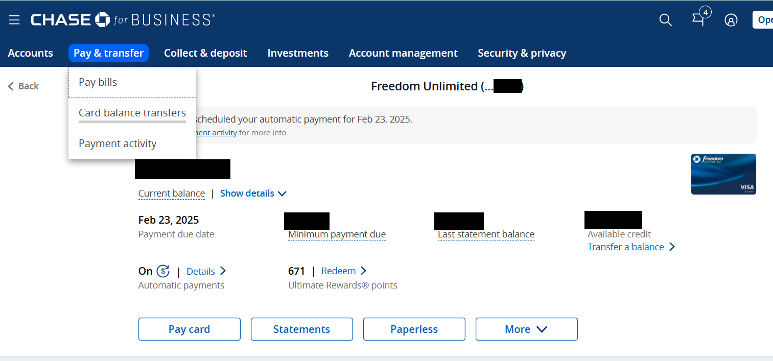 Screenshot showing a Chase card account and where to find balance transfer options.